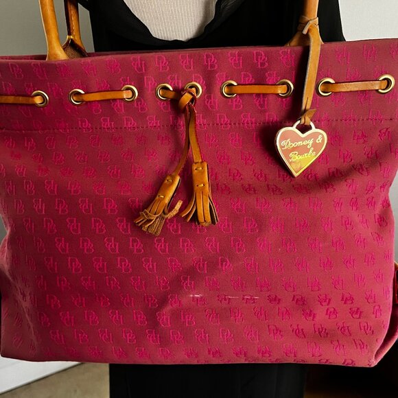 DOONEY BOURKE LARGE SATCHEL DARK PINK CANVAS LIGHT PINK "DB" LOGO WITH TAN TRIM - Picture 10 of 10